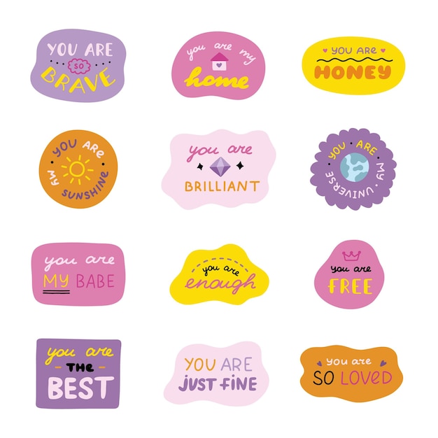 Conjunto de bonitas citas inspiradoras y elogiosas en burbujas de habla Frases escritas a mano sobre el amor por los demás y la motivación para ti mismo Tipografía de Doodle para pegatinas Impresión de tarjetas de cartel