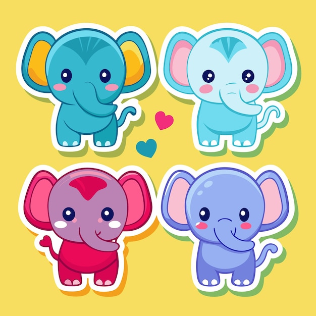 Conjunto de bonitas pegatinas de elefantes de dibujos animados en diferentes colores