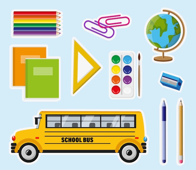 Conjunto de bonitas pegatinas escolares al estilo de dibujos animados Ilustración vectorial de diferentes colores pegatinas lápices cuadernos clips de papel pinturas globo regla afilador autobús escolar