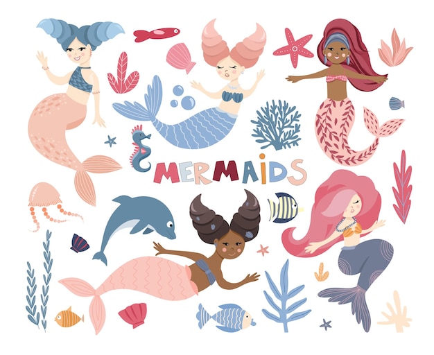 Conjunto de bonitas sirenas nadadoras plantas marinas animales marinos corales y algas