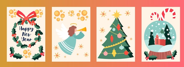 Conjunto de bonitas tarjetas de felicitación de Navidad, Año Nuevo y vacaciones en fondo pastel concepto de Xmas