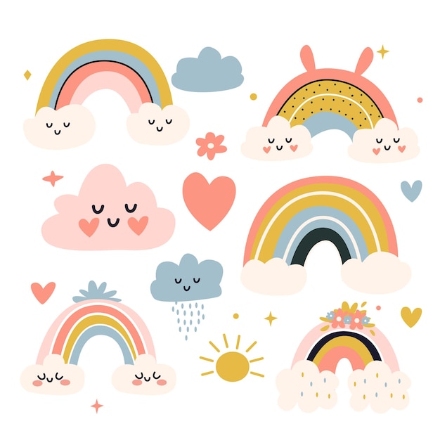 Conjunto de bonitos arco iris y nubes dibujados a mano Ilustración vectorial