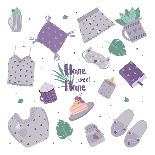 Conjunto de bonitos artículos de decoración para unas agradables vacaciones en casa. Ilustración de una planta casera, vela, pijama, pastel.