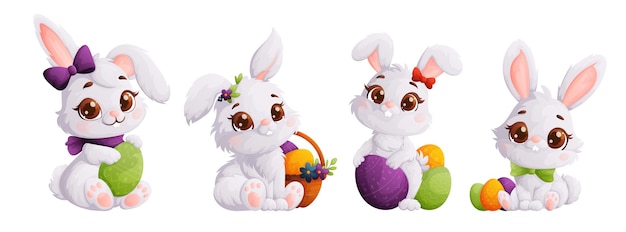 Conjunto de bonitos conejitos de pascua blancos conejito esponjoso con huevos festivos un símbolo de las vacaciones de pascua ilustración vectorial de estilo de dibujos animados