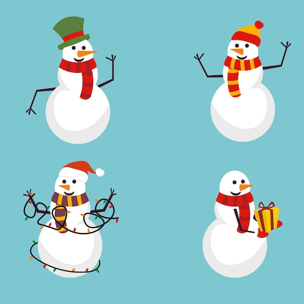 Vector conjunto de bonitos muñecos de nieve de navidad con sombreros y bufandas personajes de muñecos de nieve ilustración vectorial plana iso