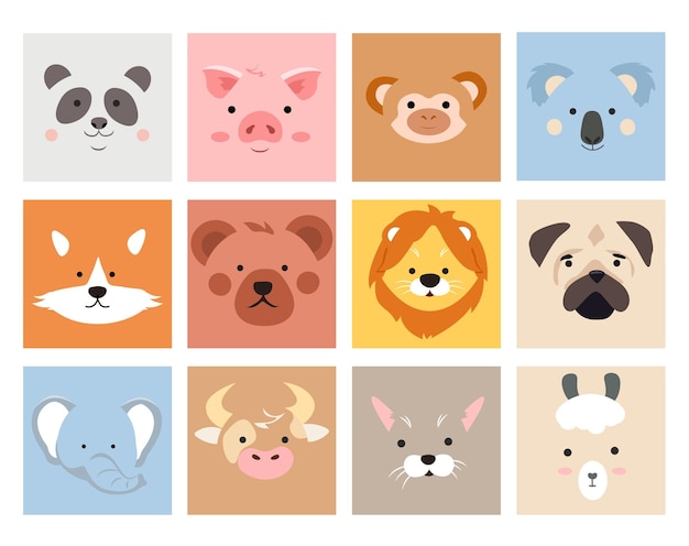 Conjunto de bonitos retratos de animales de estilo simple sonrientes diseños para ropa de bebé personajes dibujados a mano