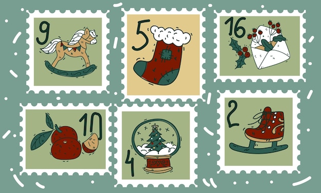 Un conjunto de bonitos sellos postales dibujados a mano con atributos de Navidad y Año Nuevo un calcetín de mandarinas