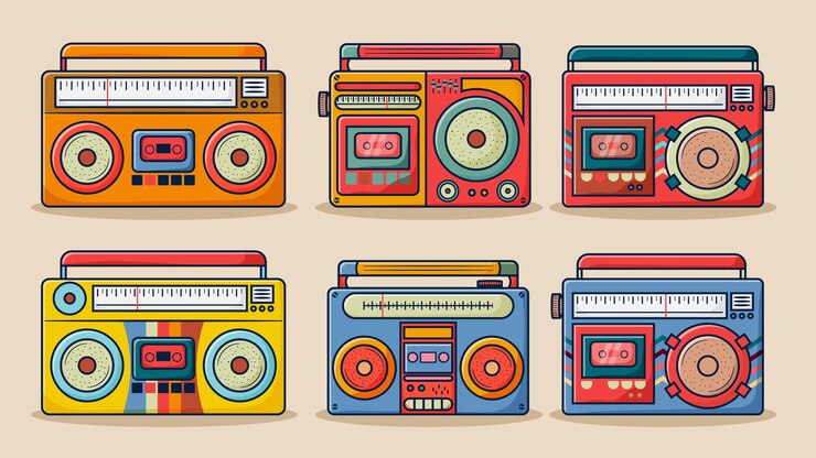 Conjunto de Boombox Retro Radio Cassette 70s 80s 90s Ilustración en estilo Doodle