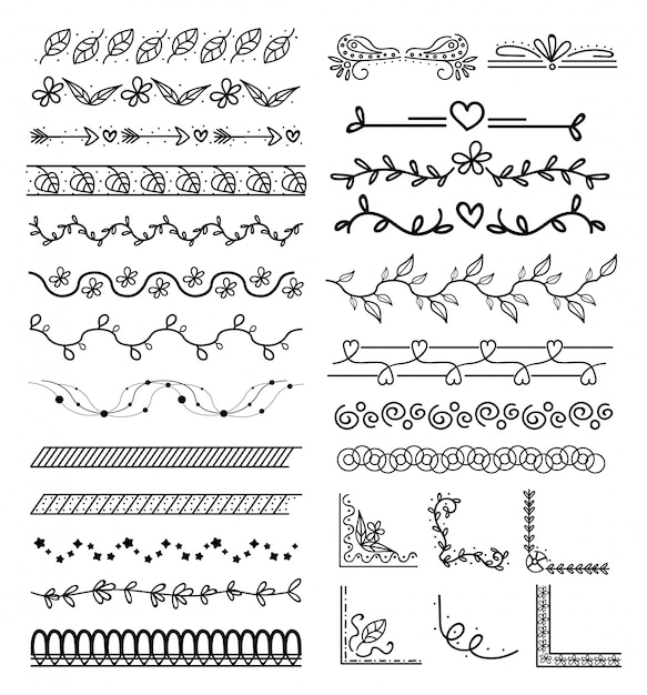 Vector conjunto de borde floral dibujado a mano.