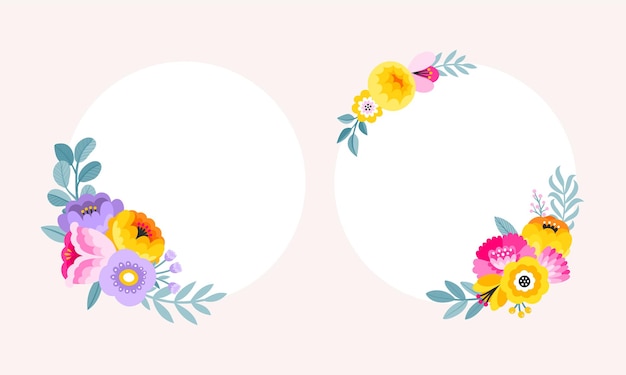 Conjunto de borde de flores de colores. Marcos florales circulares.