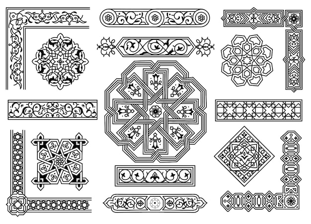 Conjunto de borde islámico y elemento de decoración, diseño de ornamento