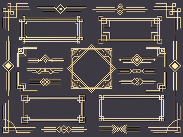 Vector conjunto de borde de línea art deco, adornos dorados, separadores y marcos en estilo gatsby