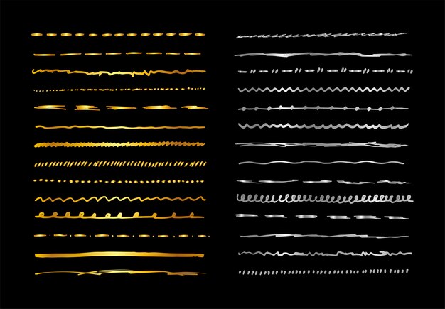 Conjunto de borde de línea dibujada a mano de oro y plata, pinceles, elementos de diseño sobre un fondo negro, ilustración.