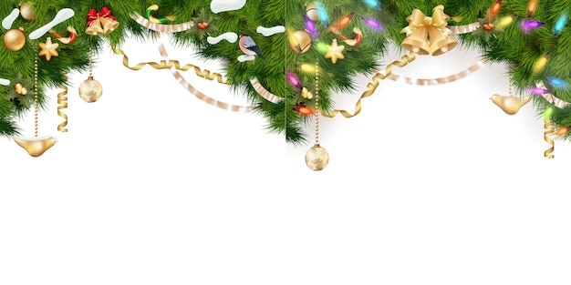 Conjunto de borde de Navidad - ramas de árboles con adornos dorados, estrellas, copos de nieve aislados en blanco.