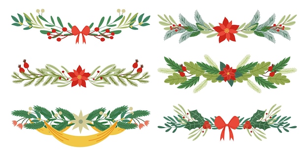 Vector conjunto de bordes decorativos navideños encantadoras guirnaldas de abeto de muérdago o ramas de poinsettia cintas y arcos que crean la temporada de vacaciones de invierno ambiente del país de las maravillas ilustración vectorial de dibujos animados