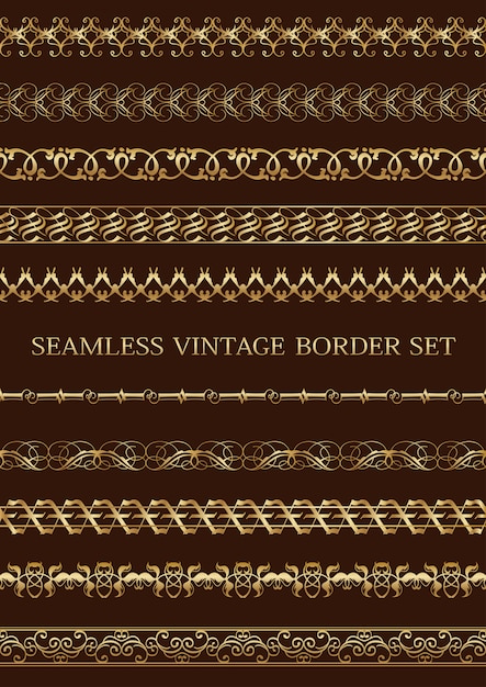 Conjunto de bordes decorativos de oro transparente aislado en un fondo oscuro. Repetible horizontalmente.