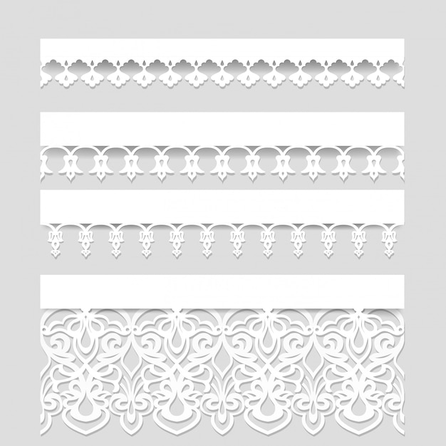 Conjunto de bordes de encaje blanco transparente con sombras, líneas de papel ornamental, vector eps10
