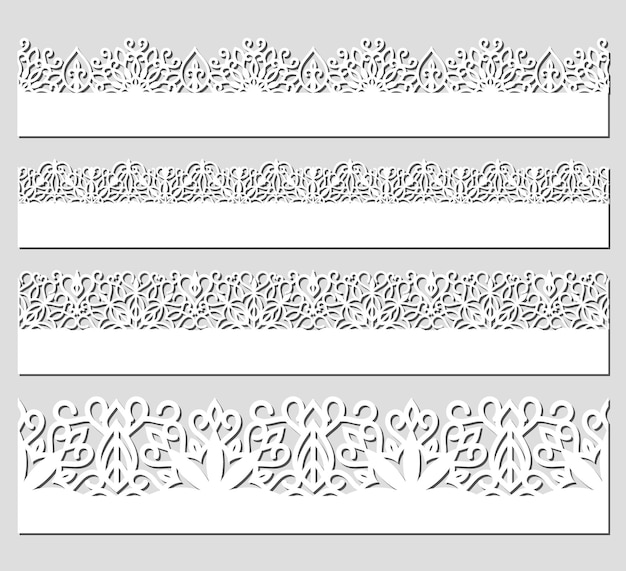 Conjunto de bordes de encaje transparente blanco con sombras, líneas de papel ornamental
