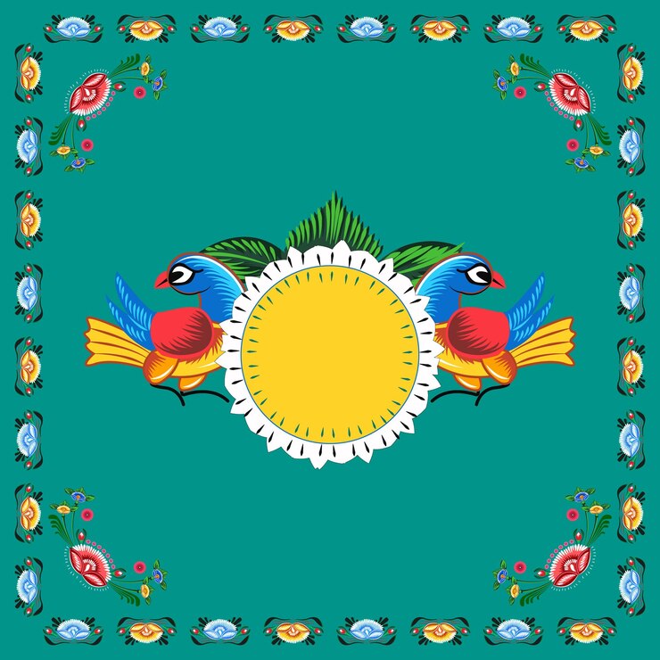 Vector un conjunto de bordes florales con dos pájaros sosteniendo un cuadro de texto pintura de rickshaw colorido