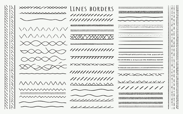 Vector conjunto de bordes de línea vectorial dibujados a mano que incluyen divisores de trazos de lápiz y elementos geométricos de moda vintage