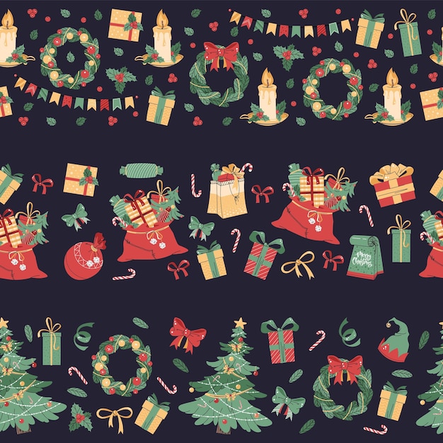 Conjunto de bordes de Navidad sin costuras con elementos festivos patrones con un árbol de Navidad regalos y un