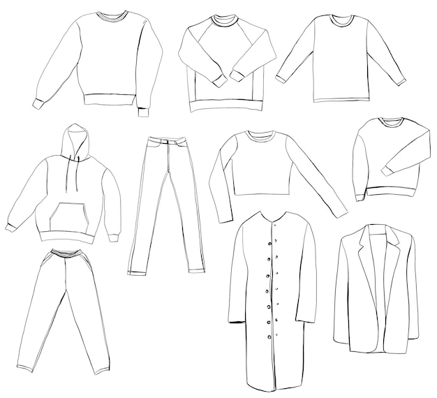 Vector conjunto, de, bosquejo, mujer, ropa