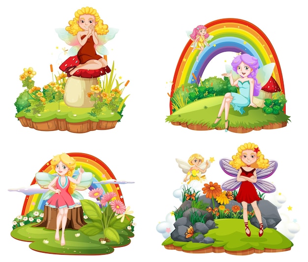 Conjunto de bosques fantásticos aislados con hermosas hadas.