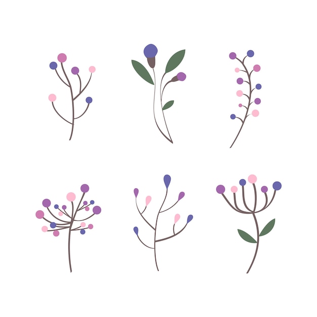 Conjunto, de, botánico, hoja, garabato, wildflower, línea, arte, vector, simple, flores