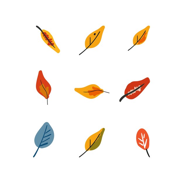 Conjunto botánico de otoño Hojas folclóricas naranja amarillas y azules Ilustración vectorial plana