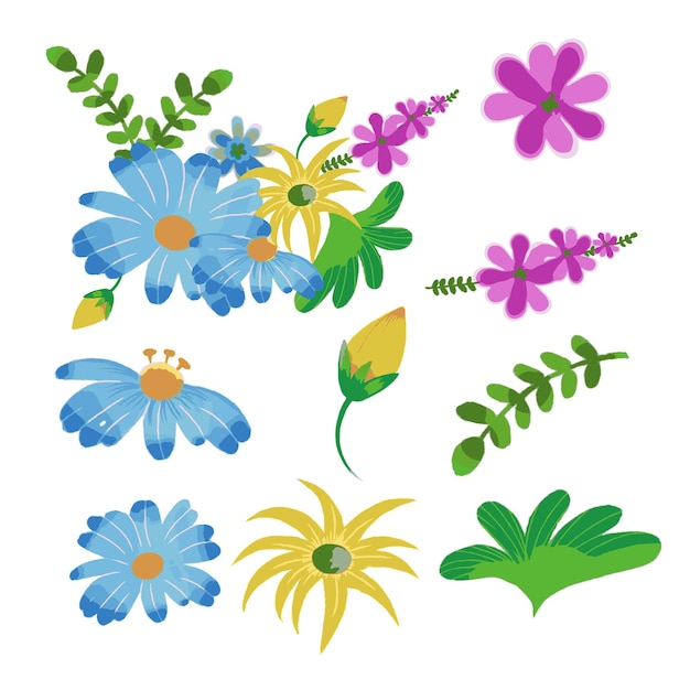 Conjunto botánico vectorial de flores silvestres conjunto de partes separadas y unidas a un hermoso ramo de flores en formato png de colores de agua