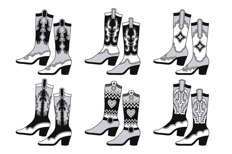 Vector conjunto de botas vaqueras botas vaqueras en blanco y negro con detalles decorativos botas vaqueras varias