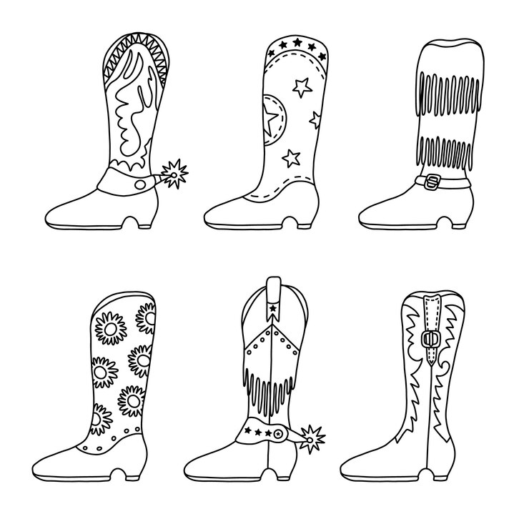 Vector conjunto de botas vaqueras retro con espuela de flecos de patrón tradicional botas vectoriales con contorno dibujado a mano en estilo vaquero y occidental zapatos divertidos simples del salvaje oeste con adornos para el diseño de impresión