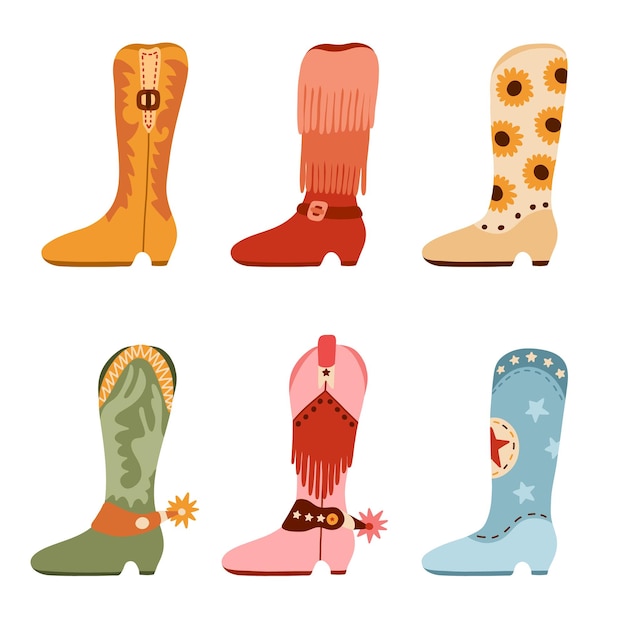 Conjunto de botas vaqueras retro con espuela de flecos de patrón tradicional Botas vectoriales en estilo vaquero y occidental Zapatos divertidos simples del Salvaje Oeste con adornos para el diseño de fiesta de vaqueros con estampado de camisetas postales