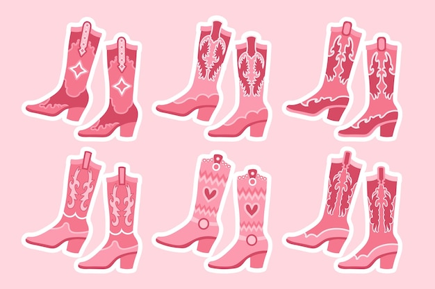 Vector conjunto de botas vaqueras rosas botas vaqueras rosas con detalles decorativos varias botas vaqueras