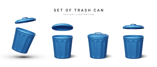 Conjunto de bote de basura azul realista 3d sobre fondo blanco Ilustración vectorial