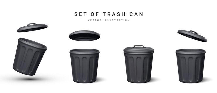 Vector conjunto de bote de basura negro realista 3d sobre fondo blanco ilustración vectorial