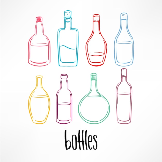 Conjunto de botella colorida de dibujo diferente con bebidas. h