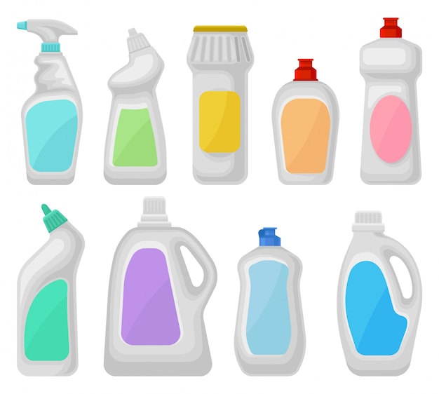 Vector conjunto de botella de detergentes, limpieza doméstica, producto químico contenedores ilustraciones sobre un fondo blanco.