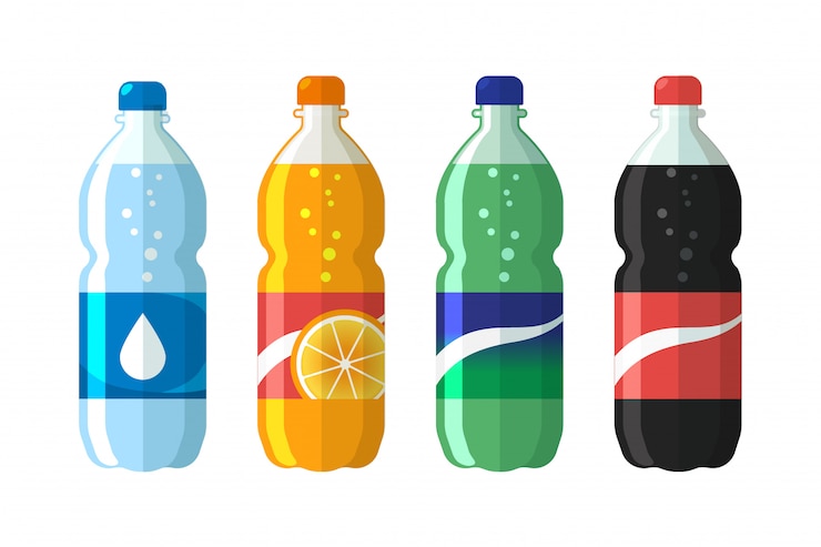 Vector conjunto de botella de plástico de agua y refresco dulce.