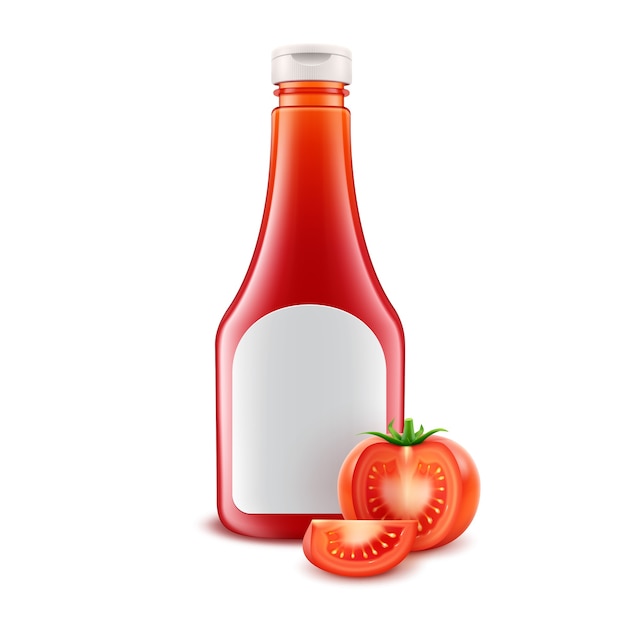 Vector conjunto de botella de salsa de tomate roja de plástico de vidrio en blanco para la marca con etiqueta blanca y tomates frescos cortados aislado sobre fondo blanco.