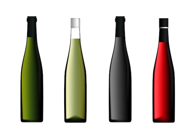 Conjunto de botella de vino colorido aislado en la ilustración de vector de fondo blanco