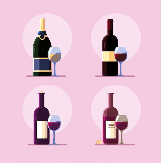 Conjunto de botella de vino con copa de vino