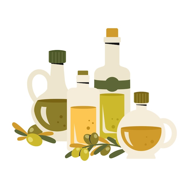 Conjunto de botellas de aceite de oliva de vidrio Jarro y botella tapada de óleo de oliva virgen extra rama de hojas de olivo Cocina concepto de cocina alimentos orgánicos saludables Ilustración plana vectorial