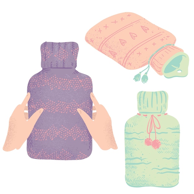 Conjunto de botellas de agua caliente de goma en cubiertas tejidas, ilustración vectorial