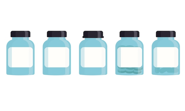 Conjunto de botellas azules médicas con etiqueta Ilustración de vector plano