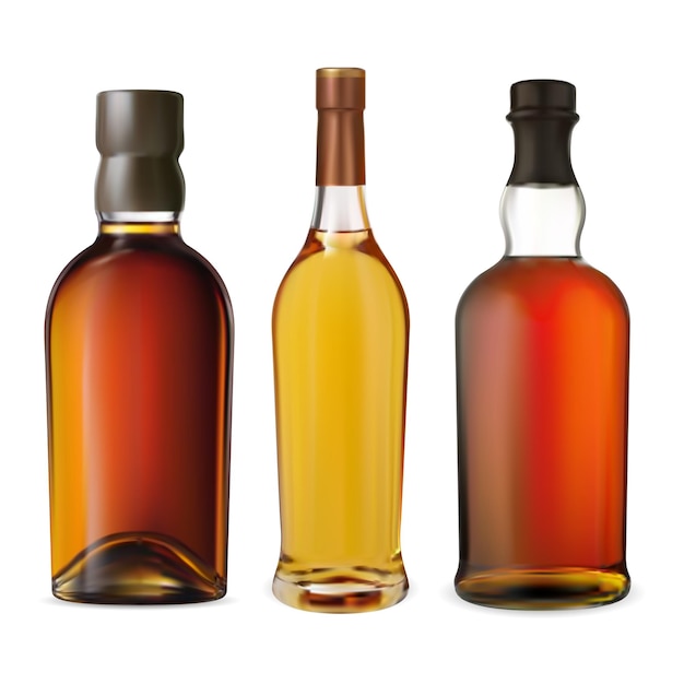 Vector conjunto de botellas de brandy botellas de whisky marrones realistas