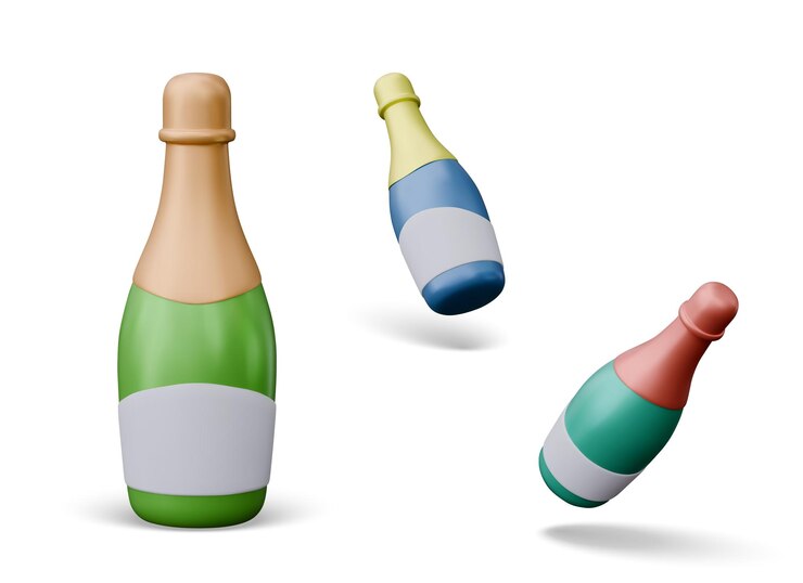 Vector conjunto de botellas de champán de diferentes colores elementos vectoriales en varias poses