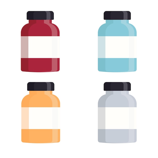 Conjunto de botellas coloridas médicas con etiqueta Ilustración de vector plano