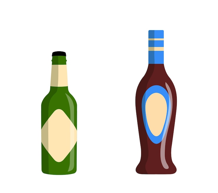 Vector conjunto de botellas con concepto de alcohol cerveza y coñac en botellas de colores menú para restaurante o pub afiche o pancarta para sitio web ilustración de vector plano de dibujos animados aislado sobre fondo blanco