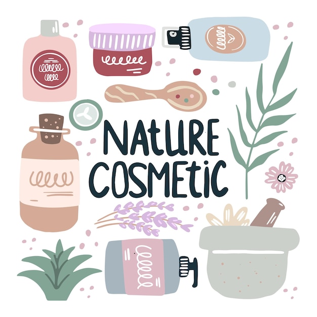 Conjunto de botellas de cosmética natural. Cosmética natural ecológica.